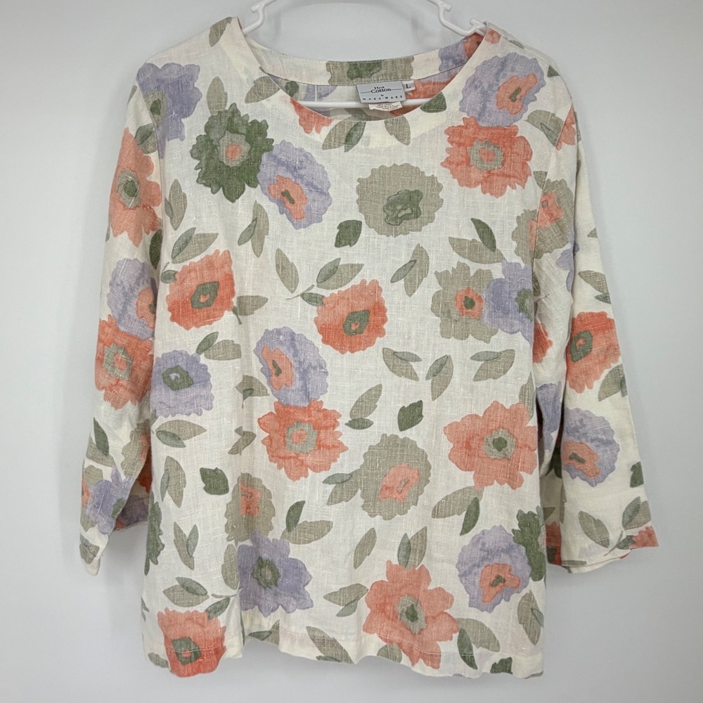 Vintage Hot Cotton Marc Ware 100% Linen Floral Tunic Top USA Made Large